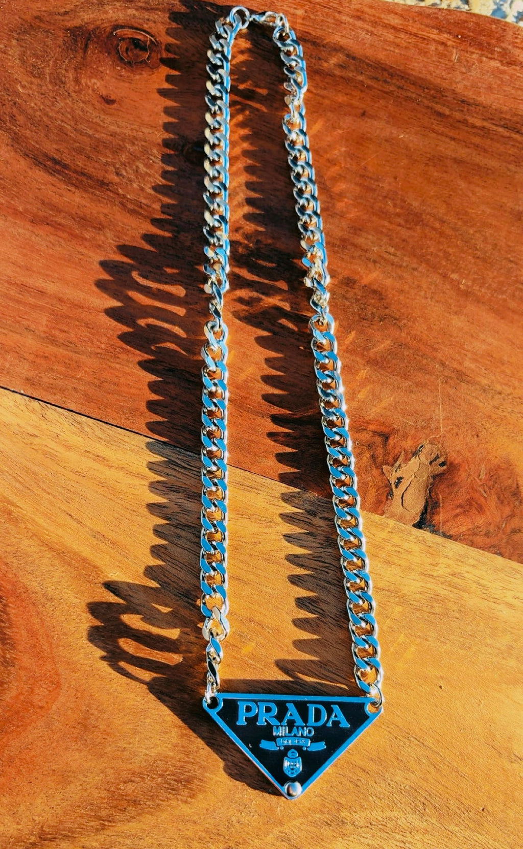 PRADA CHARM STAINLESS STEEL CHAIN NECKLACES 16”  (Few on hand, then pre order is only 1 week:)