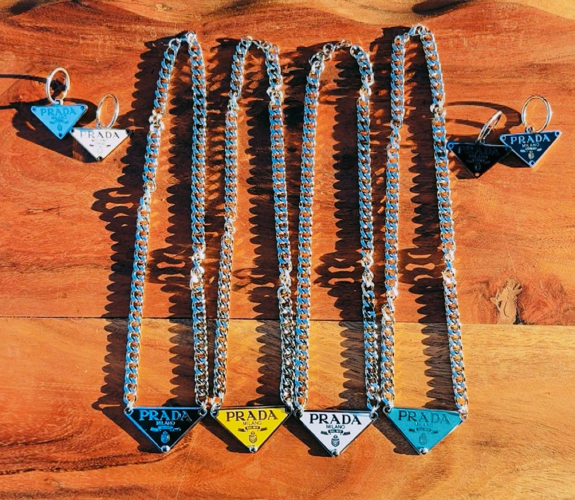 PRADA CHARM STAINLESS STEEL CHAIN NECKLACES 16”  (Few on hand, then pre order is only 1 week:)