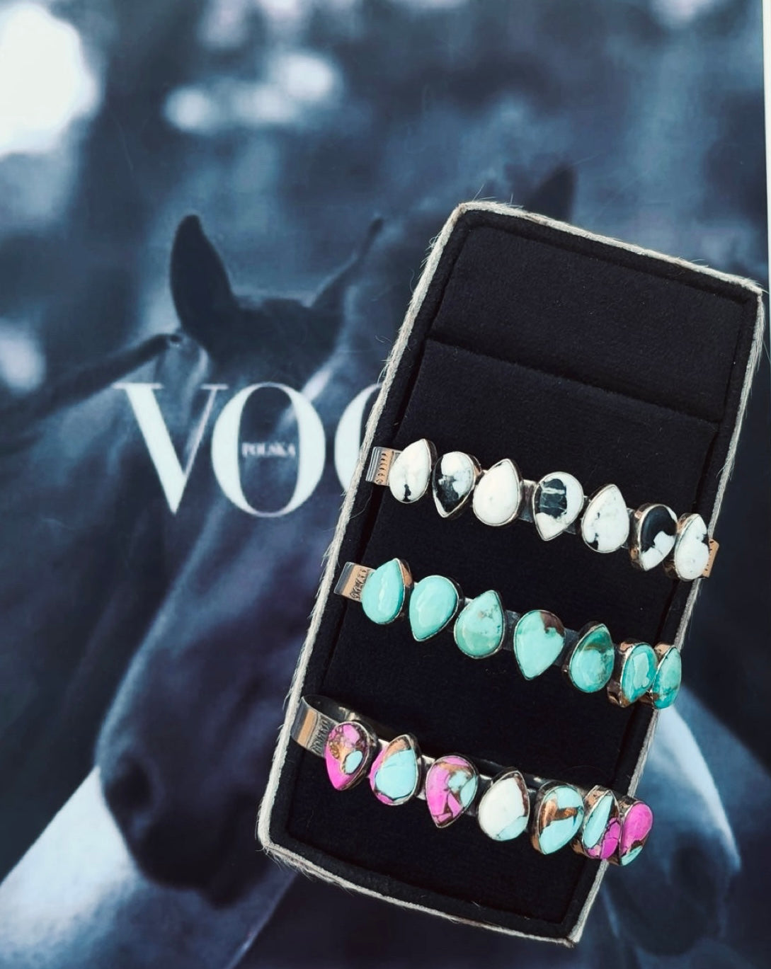 STERLING PLATED STACKER CUFFS: 925 Plated 7 Stone Cuffs (Kingman/White Buffalo/Cotton Candy Turquoise)