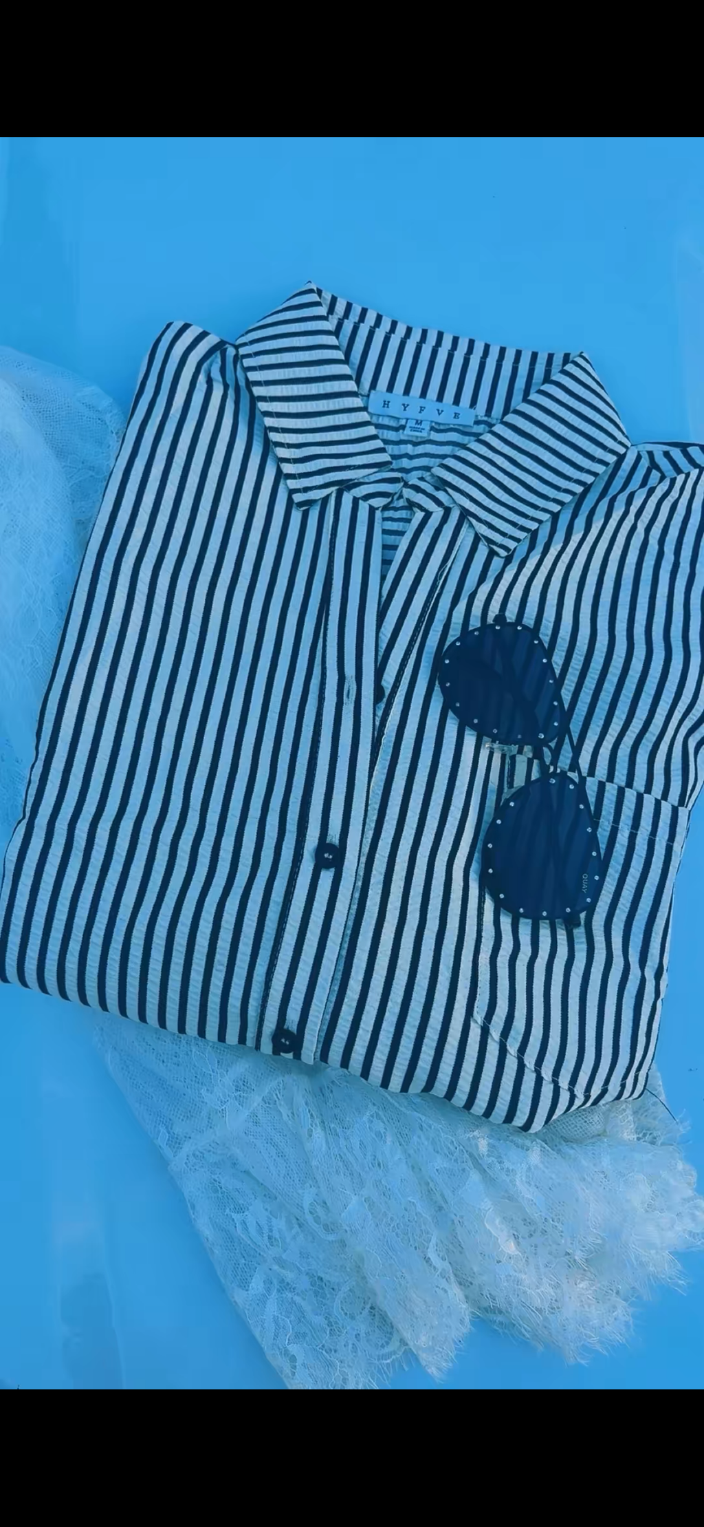 “SADDLE STRIPE TOP” Black & Baby Blue, Women’s S-L