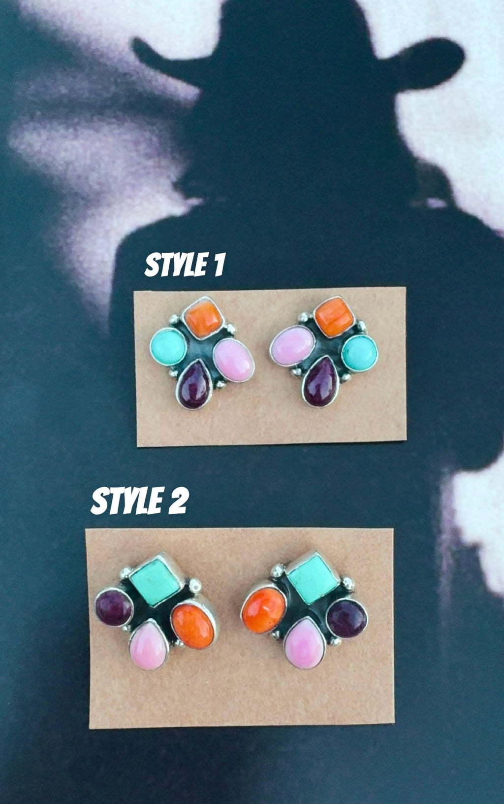 MULTI STONE CLUSTER STUDS: Solid Sterling Silver 925 Stamped 3/4”(Orange Spiny, Kingman, Pink Conch & Purple Spiny)