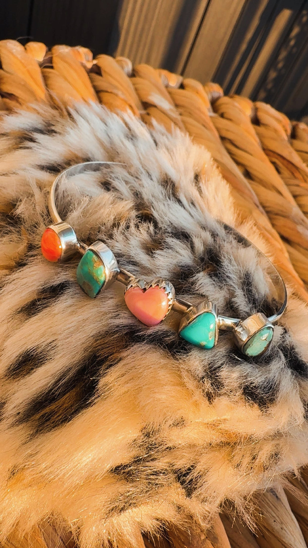Multi Stone Cuff- Sterling Silver (Orange Spiny, Pink Conch, Kingman & Mine 8 Turquoise) (6-7.5” flex, 1/2” stones)