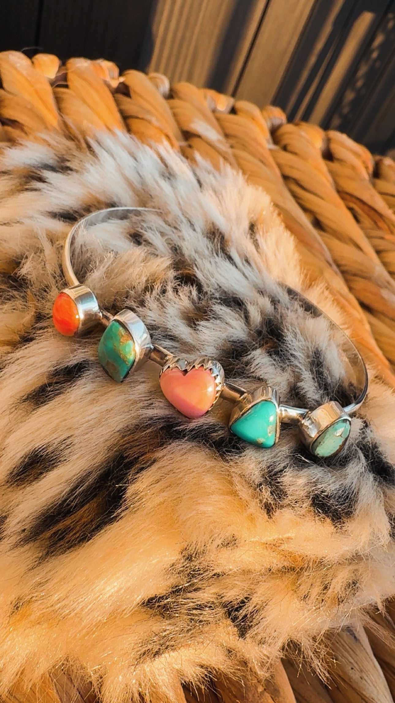 Multi Stone Cuff- Sterling Silver (Orange Spiny, Pink Conch, Kingman & Mine 8 Turquoise) (6-7.5” flex, 1/2” stones)