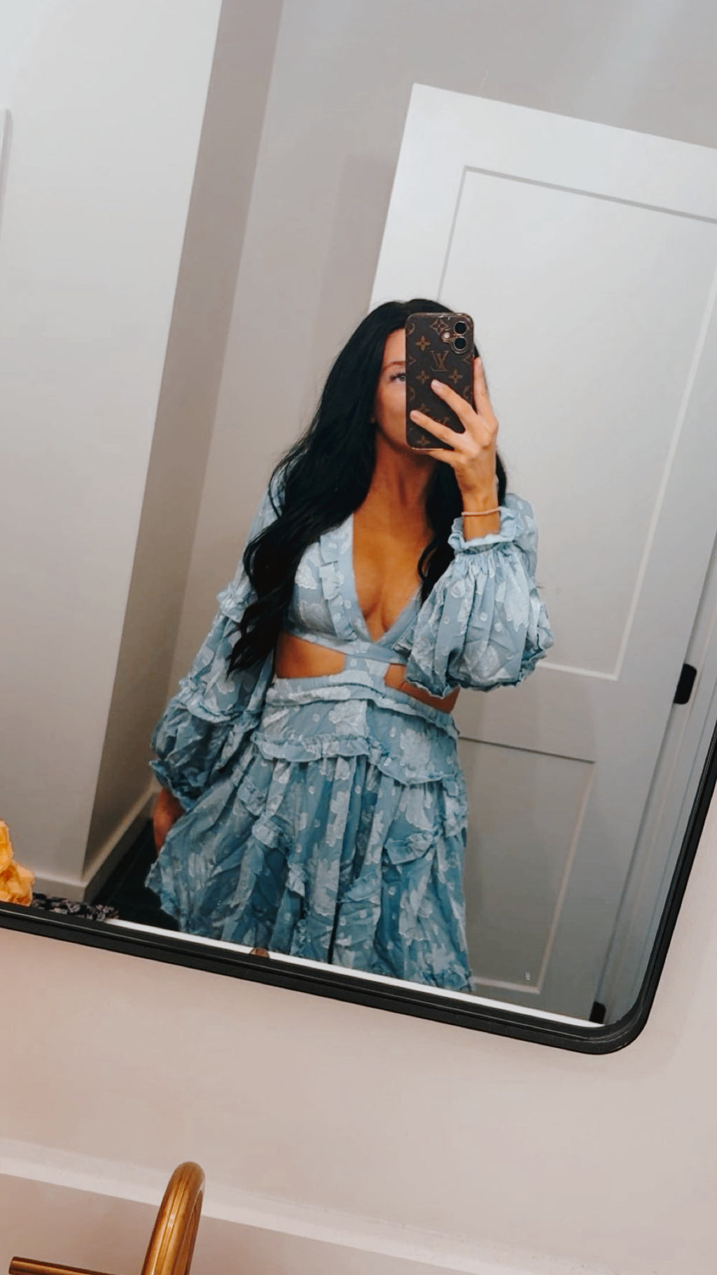 Baby Blue Floral Cutout Dress with Lace Back (PEACH LOVE BRAND)