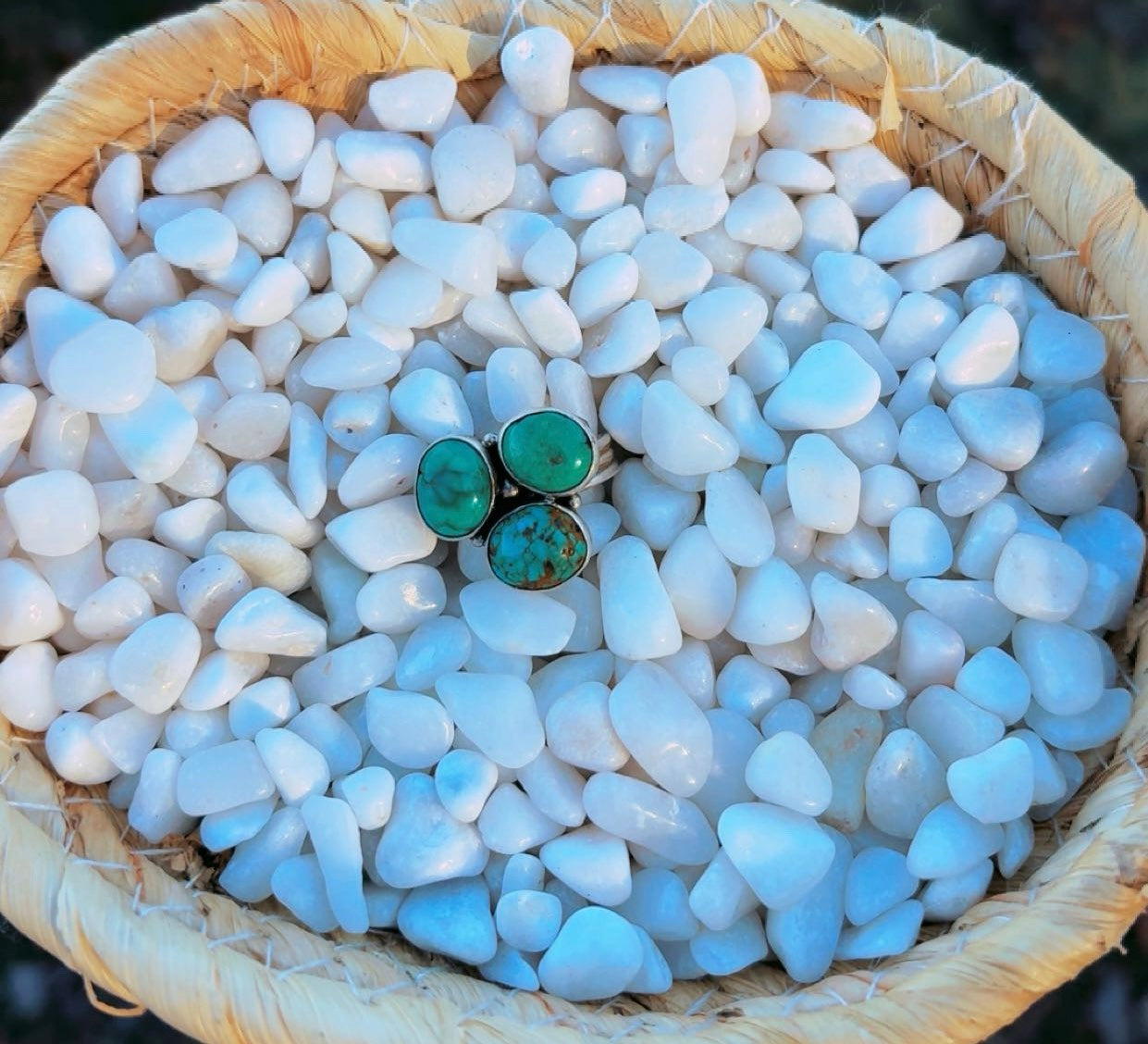 Navajo Handmade/Signed “JB” 3 stone Sterling green turquoise ring (Size 7)