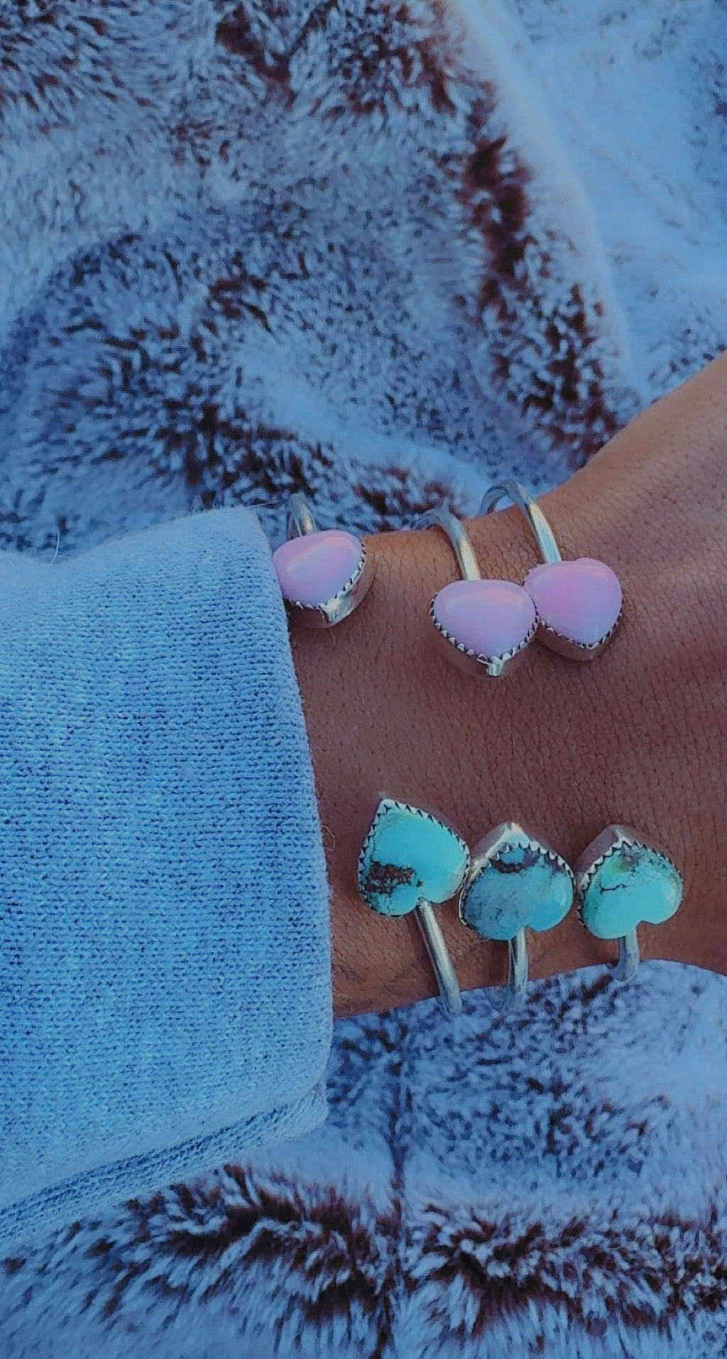Valentines Collection: Sterling Golden Hills & Pink Conch Adj. Bypass Heart Cuffs (fit 5 3/4-7” wrist)