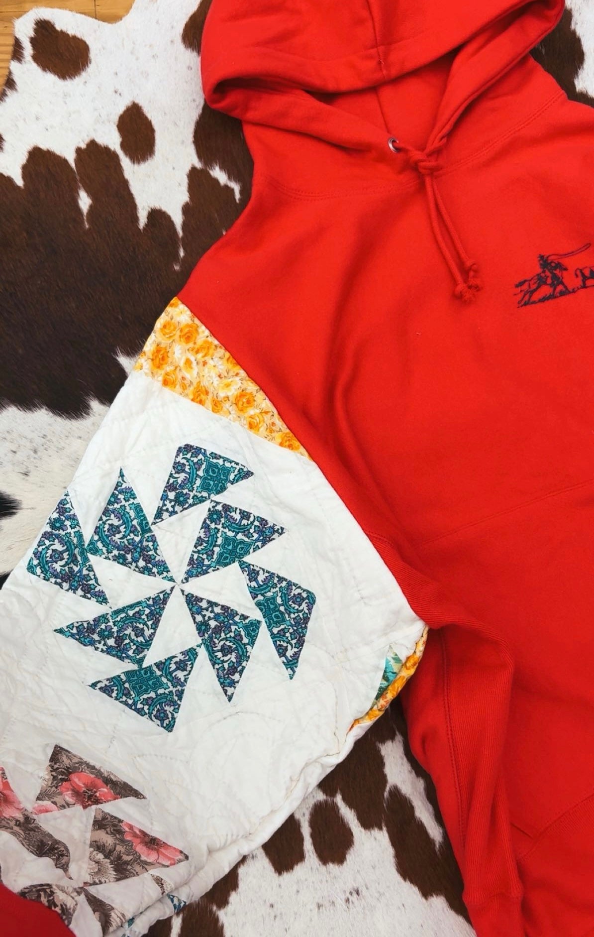 NEW! CUSTOM REWORK: Red Rodeo Quilt Sleeve Sweatshirt Hand Sewn Size Large