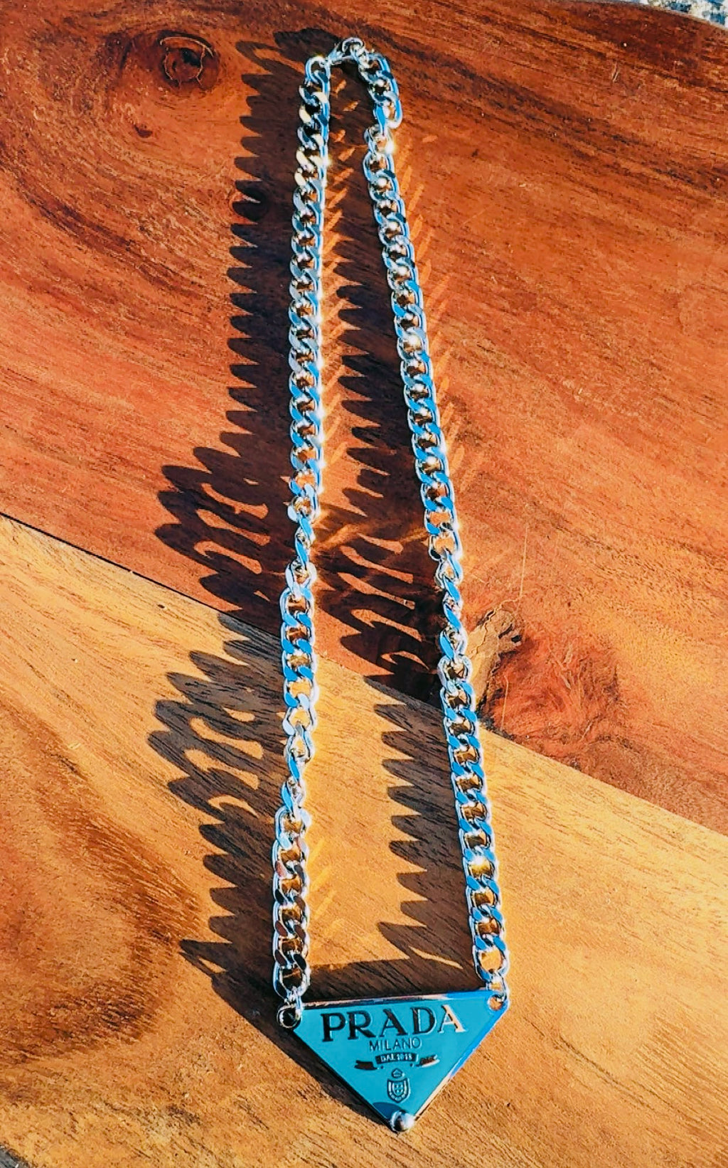 PRADA CHARM STAINLESS STEEL CHAIN NECKLACES 16”  (Few on hand, then pre order is only 1 week:)