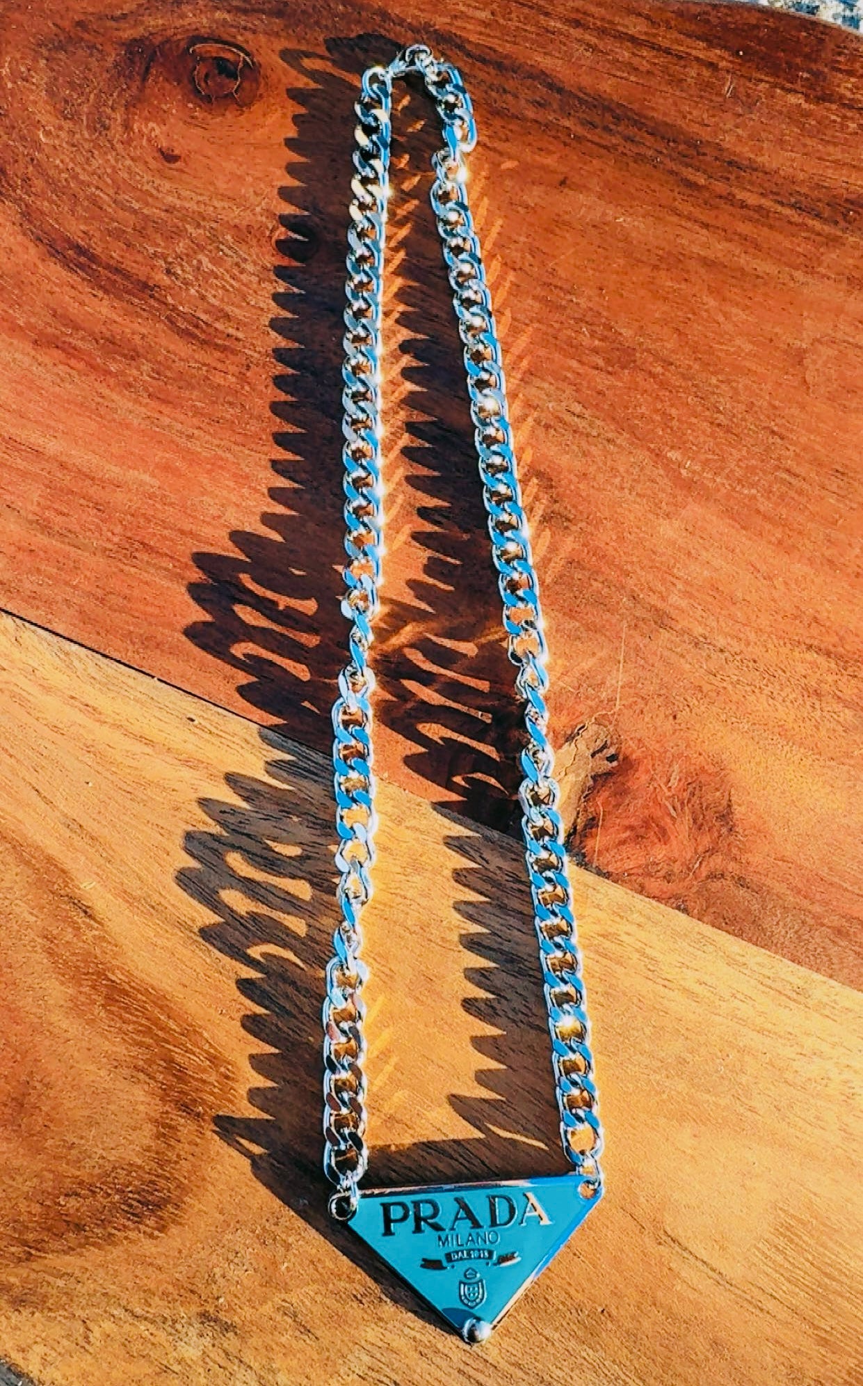 PRADA CHARM STAINLESS STEEL CHAIN NECKLACES 16”  (Few on hand, then pre order is only 1 week:)