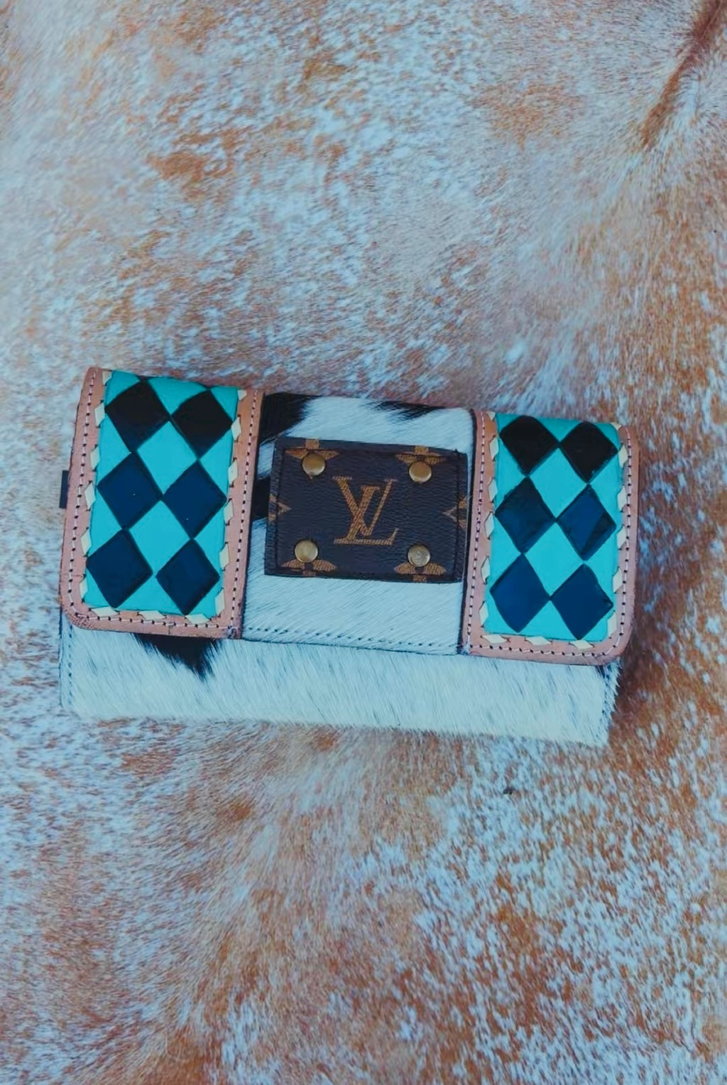 TURQUOISE CHECKERED COW HIDE & LEATHER BOUJEE WALLET:                                   (Comes with wristlet strap, features card slots and zip pocket** Rework patch detail, Not authentic to any brand)