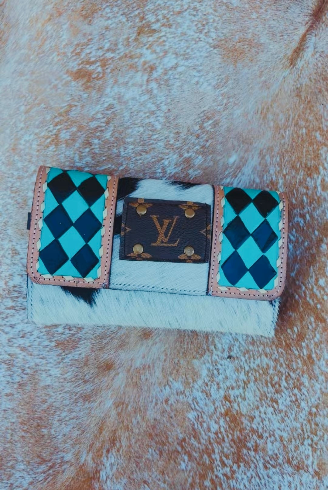TURQUOISE CHECKERED COW HIDE & LEATHER BOUJEE WALLET:                                   (Comes with wristlet strap, features card slots and zip pocket** Rework patch detail, Not authentic to any brand)