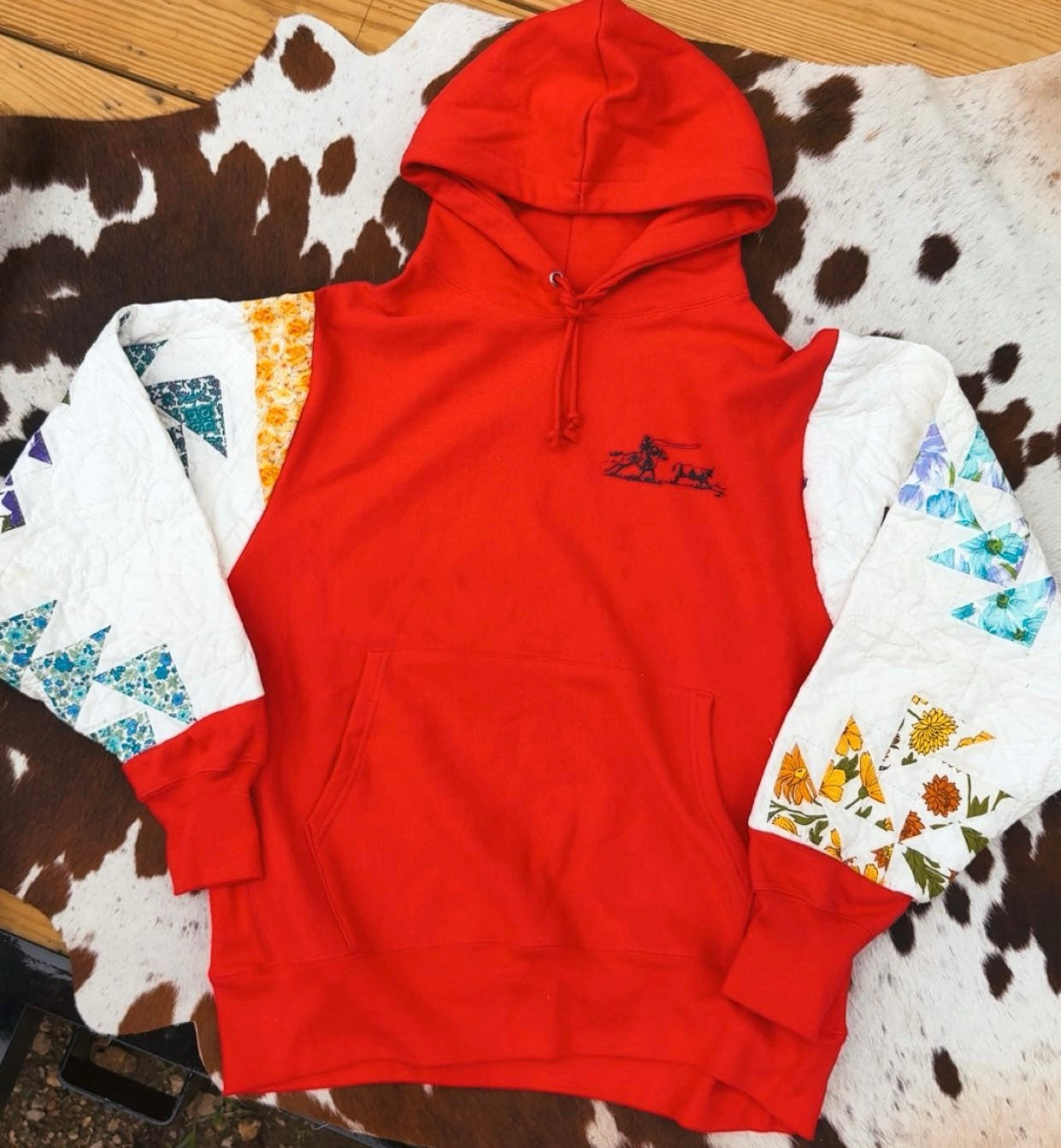 NEW! CUSTOM REWORK: Red Rodeo Quilt Sleeve Sweatshirt Hand Sewn Size Large