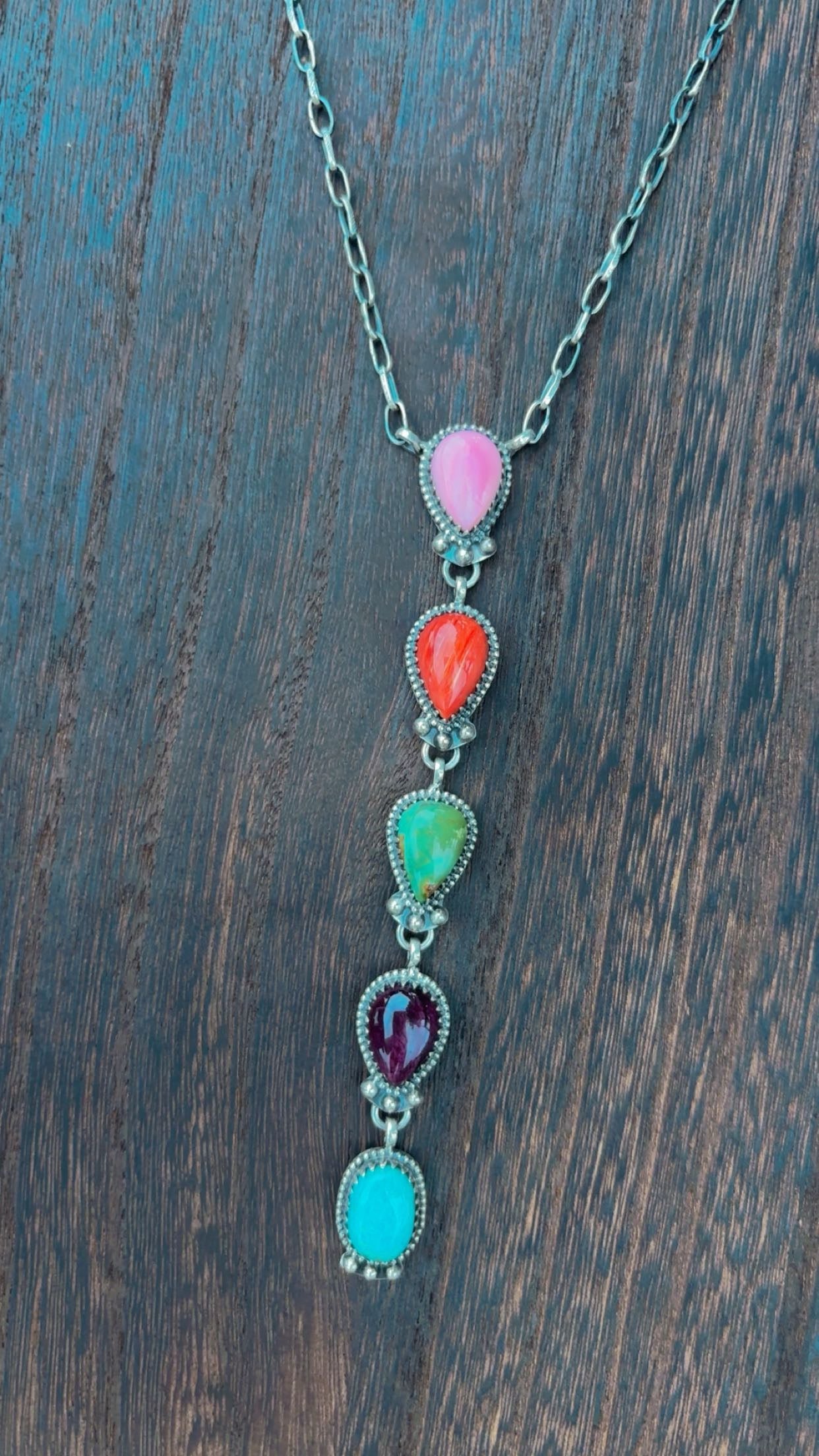 MULTI STONE DROP LARIAT: Solid Sterling Silver 925 (pink conch, red spiny, kingman & purple spiny stones) 4 3/4” stone drop & 16” adjustable paperclip chain