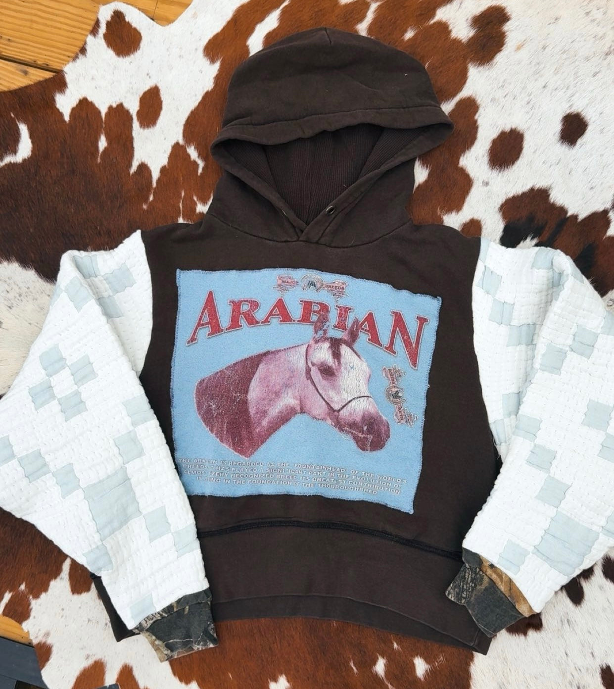 NEW! CUSTOM REWORK: Black Quilt & Camo Sleeve Hand Sewn Arabian Vintage Horse Sweatshirt Size XL cropped (fits M/L)