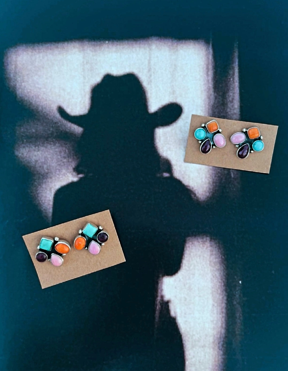 MULTI STONE CLUSTER STUDS: Solid Sterling Silver 925 Stamped 3/4”(Orange Spiny, Kingman, Pink Conch & Purple Spiny)