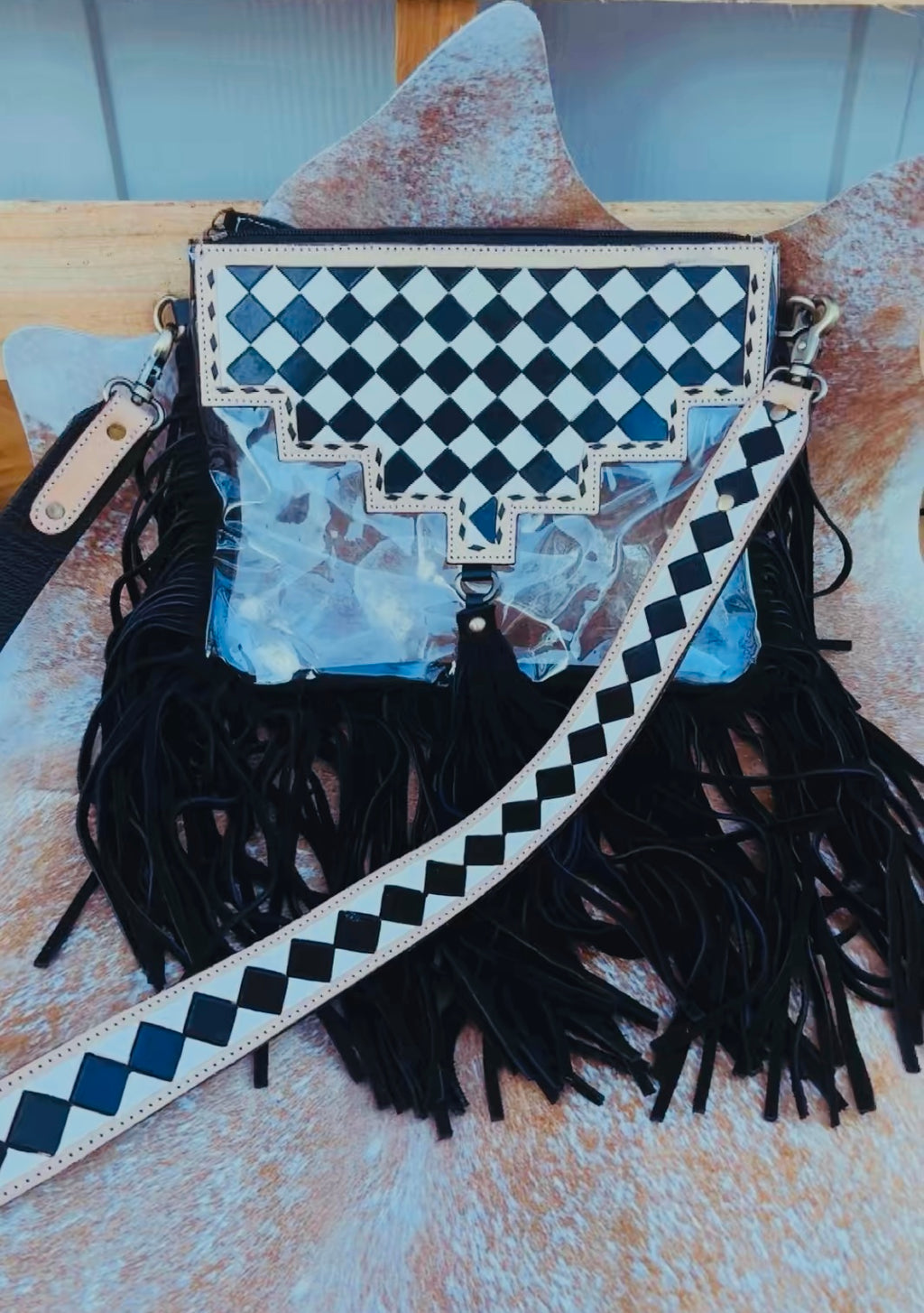 BLACK & WHITE CHECKERED CLEAR EVENT CROSSBODY: Genuine Leather & Fringe 11” x 9”