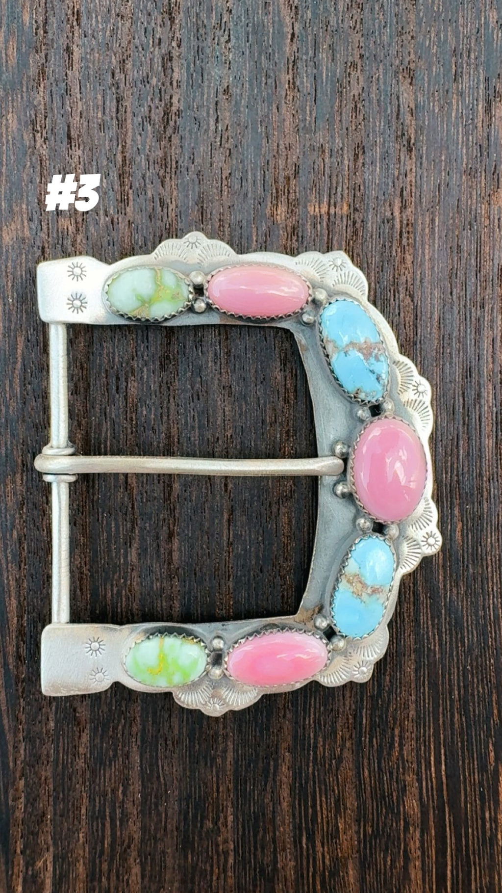MULTI STONE BELT BUCKLES: Pink Conch, Palomino & Golden Hills Turquoise Solid Sterling Silver 925 Stamped with Matte Silver Finish (2 5/8” by 2 1/4”)