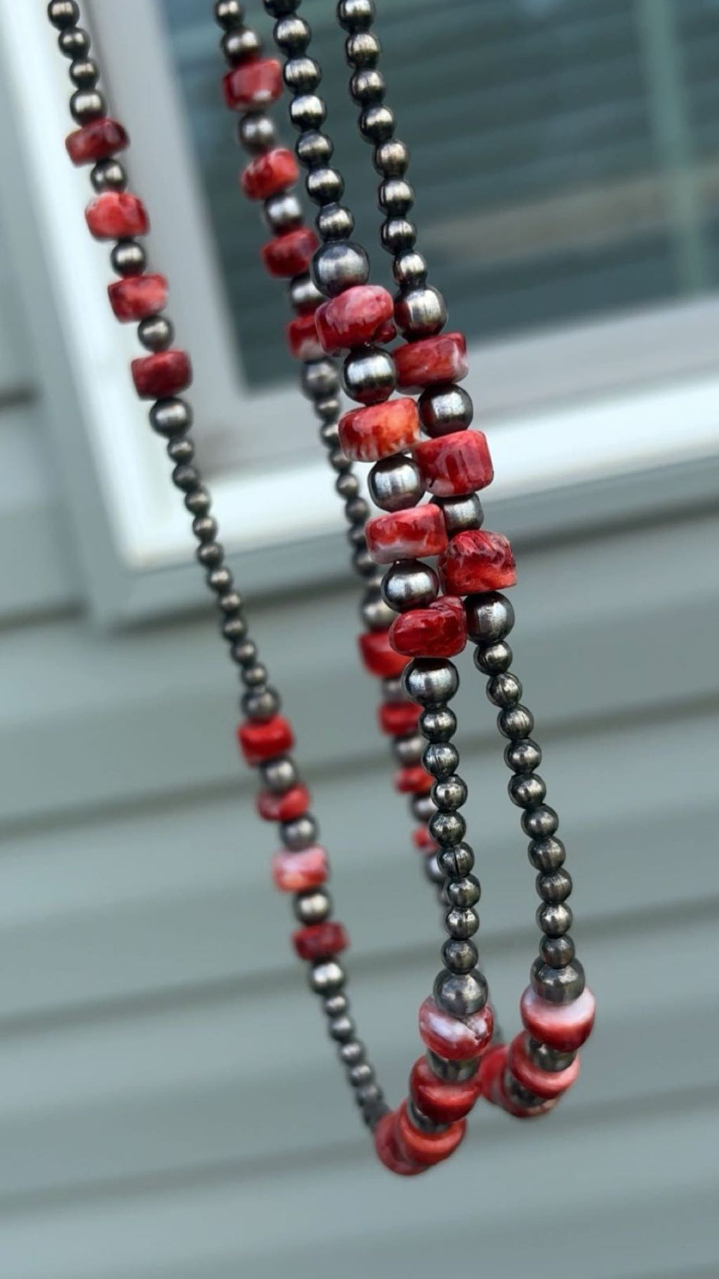 Red Spiny German Silver Navajo Graduated Pearls (16”) with extender