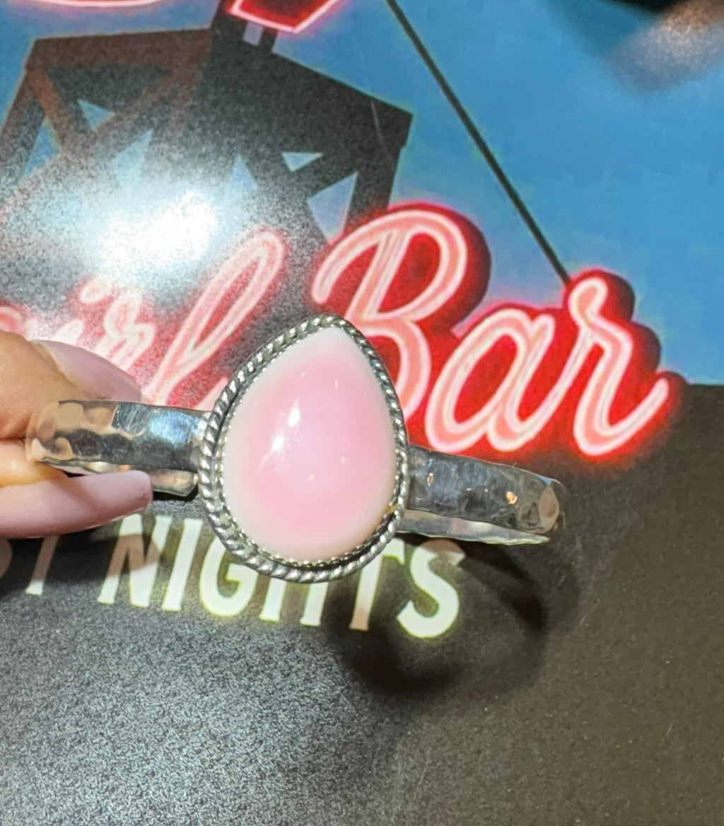 PINK CONCH DROP: Sterling Silver 925 Textured Teardrop Cuffs (7/8” size stone & 5.5-7” flex)