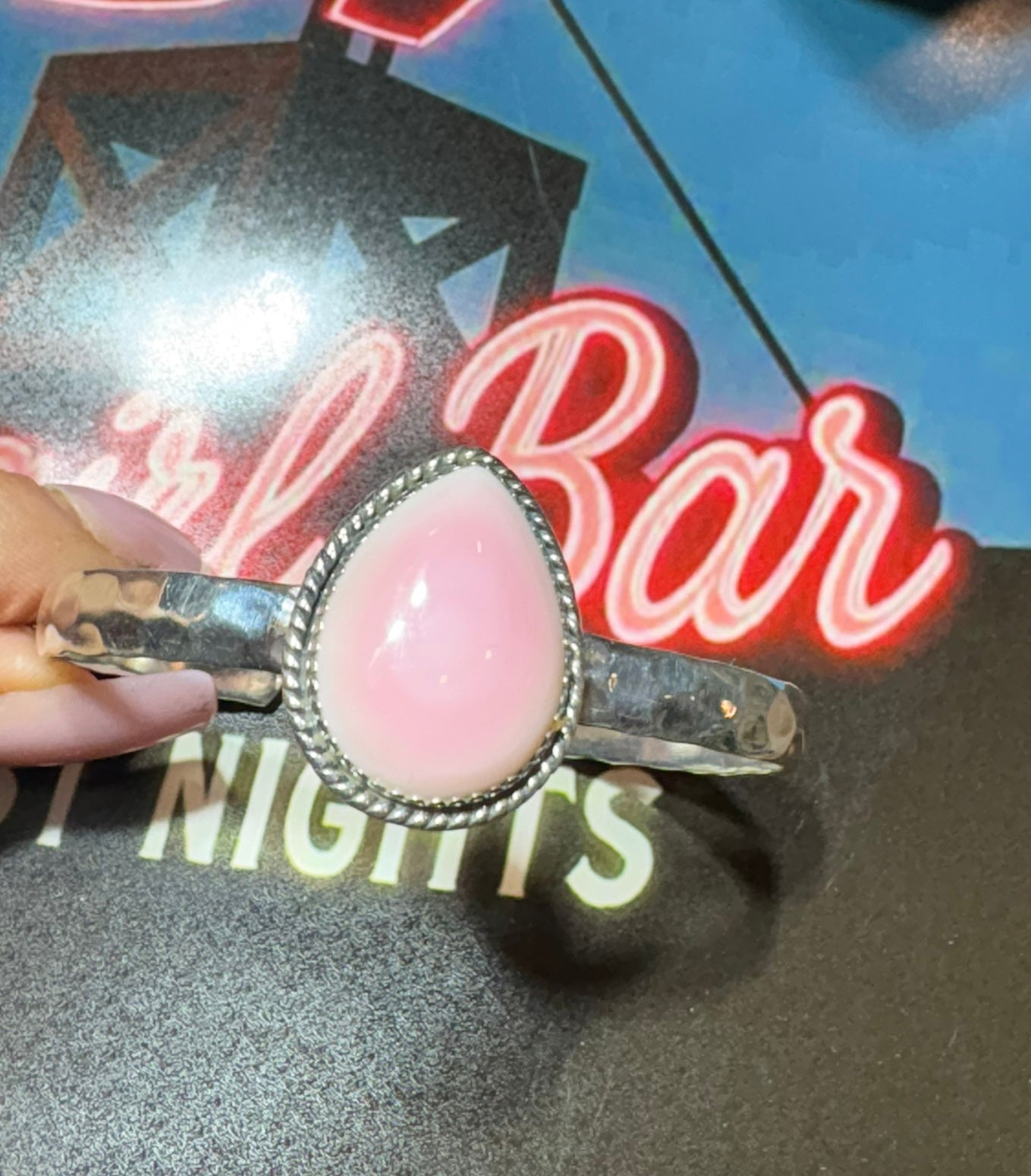 PINK CONCH DROP: Sterling Silver 925 Textured Teardrop Cuffs (7/8” size stone & 5.5-7” flex)