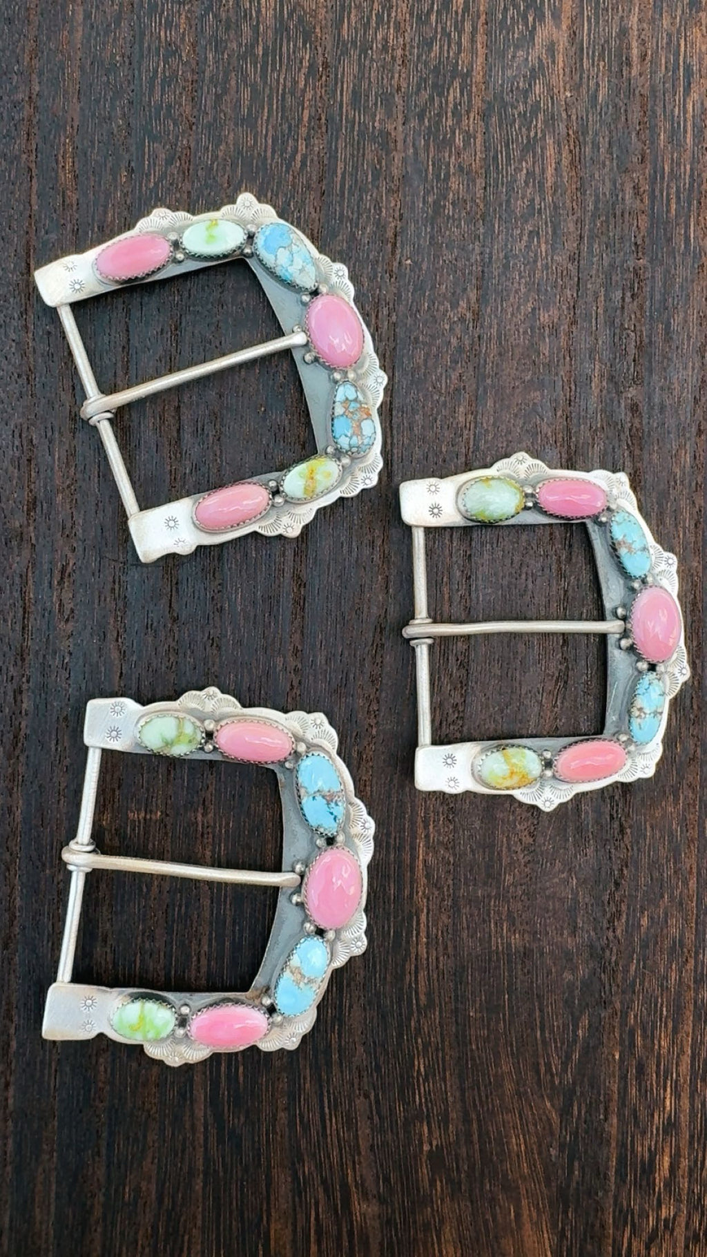 MULTI STONE BELT BUCKLES: Pink Conch, Palomino & Golden Hills Turquoise Solid Sterling Silver 925 Stamped with Matte Silver Finish (2 5/8” by 2 1/4”)