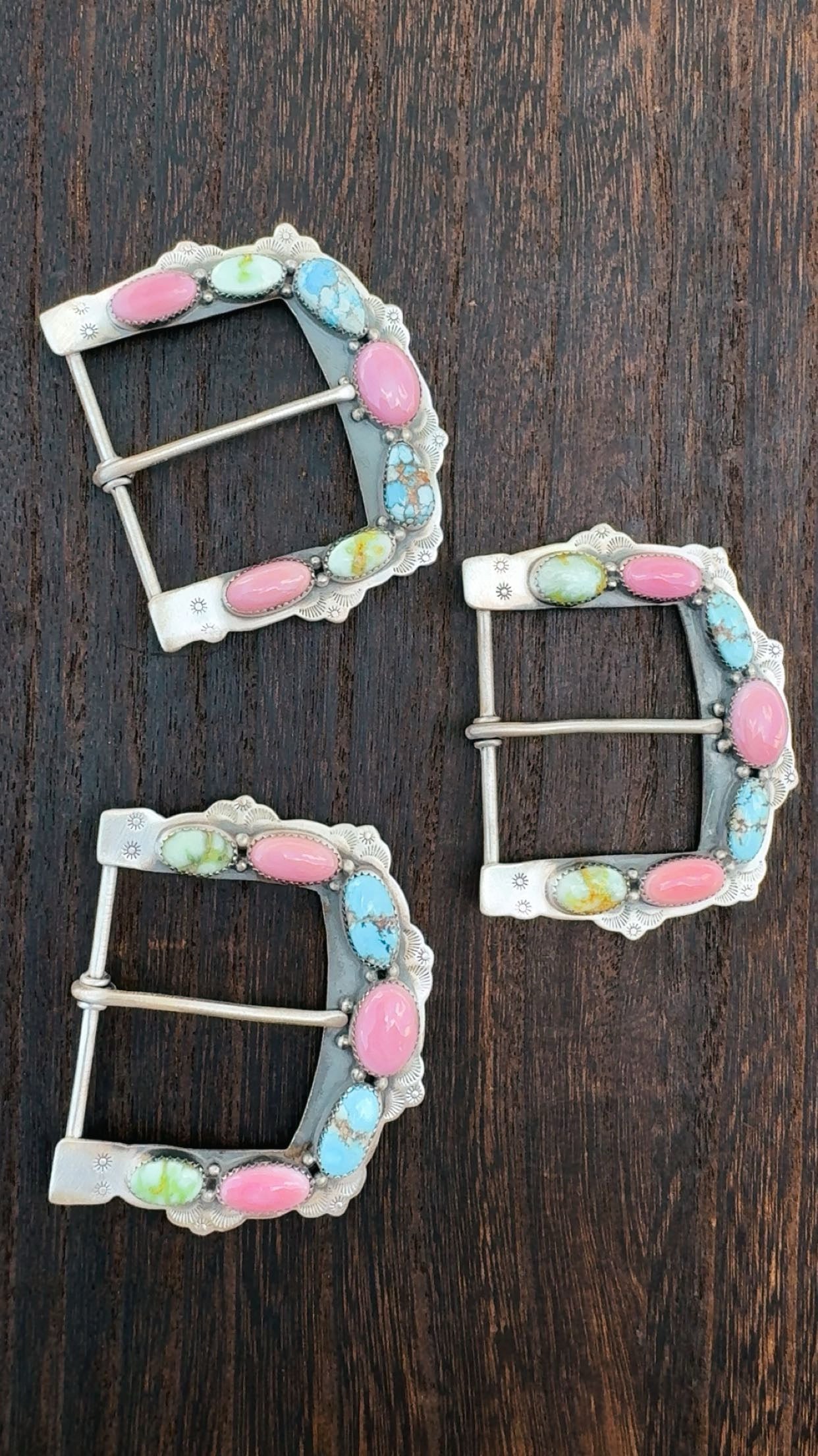 MULTI STONE BELT BUCKLES: Pink Conch, Palomino & Golden Hills Turquoise Solid Sterling Silver 925 Stamped with Matte Silver Finish (2 5/8” by 2 1/4”)