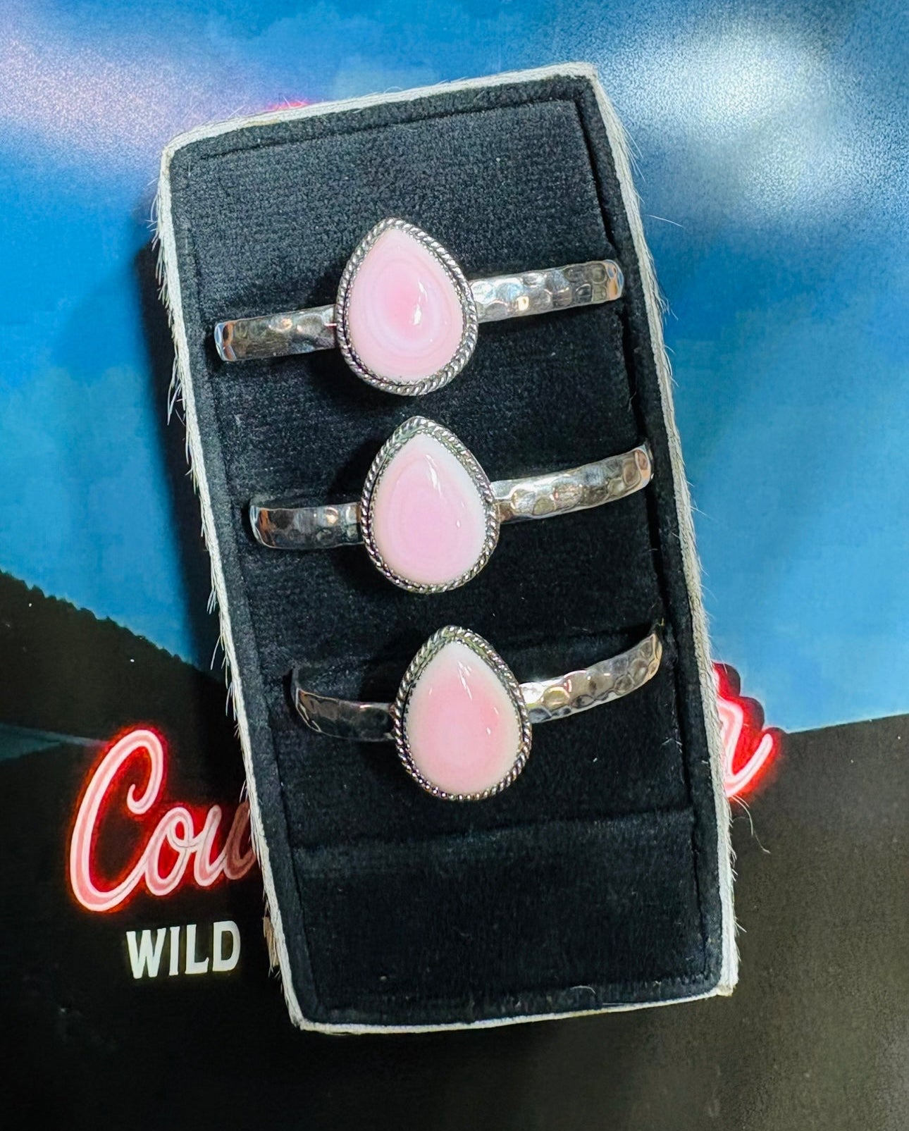 PINK CONCH DROP: Sterling Silver 925 Textured Teardrop Cuffs (7/8” size stone & 5.5-7” flex)