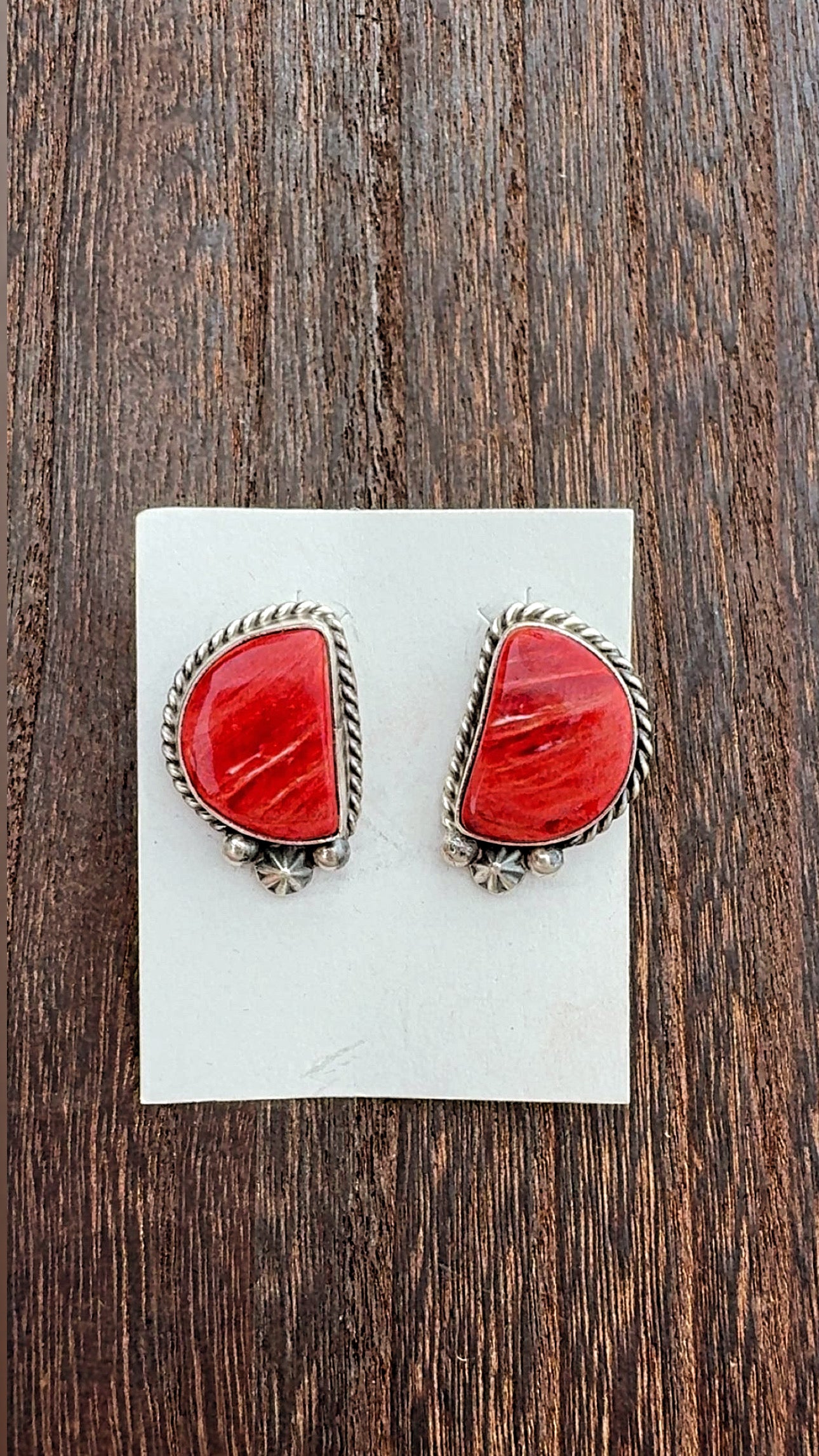 Chassity Belone Red Spiny Navajo Made Sterling Silver Stud Earrings 1” in size, Signed