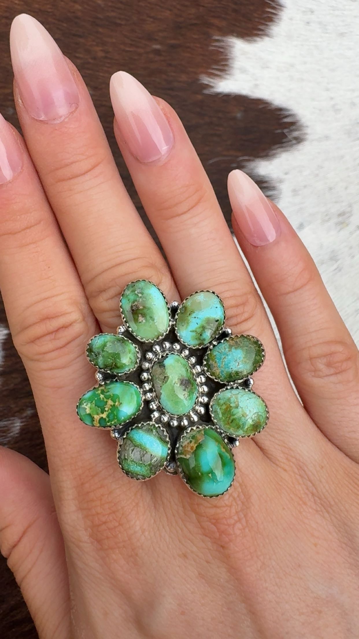 SONORAN TURQUOISE CLUSTER RINGS: Solid Sterling 925, Adjustable size 6-9.5 (All 1.5-1.75”)