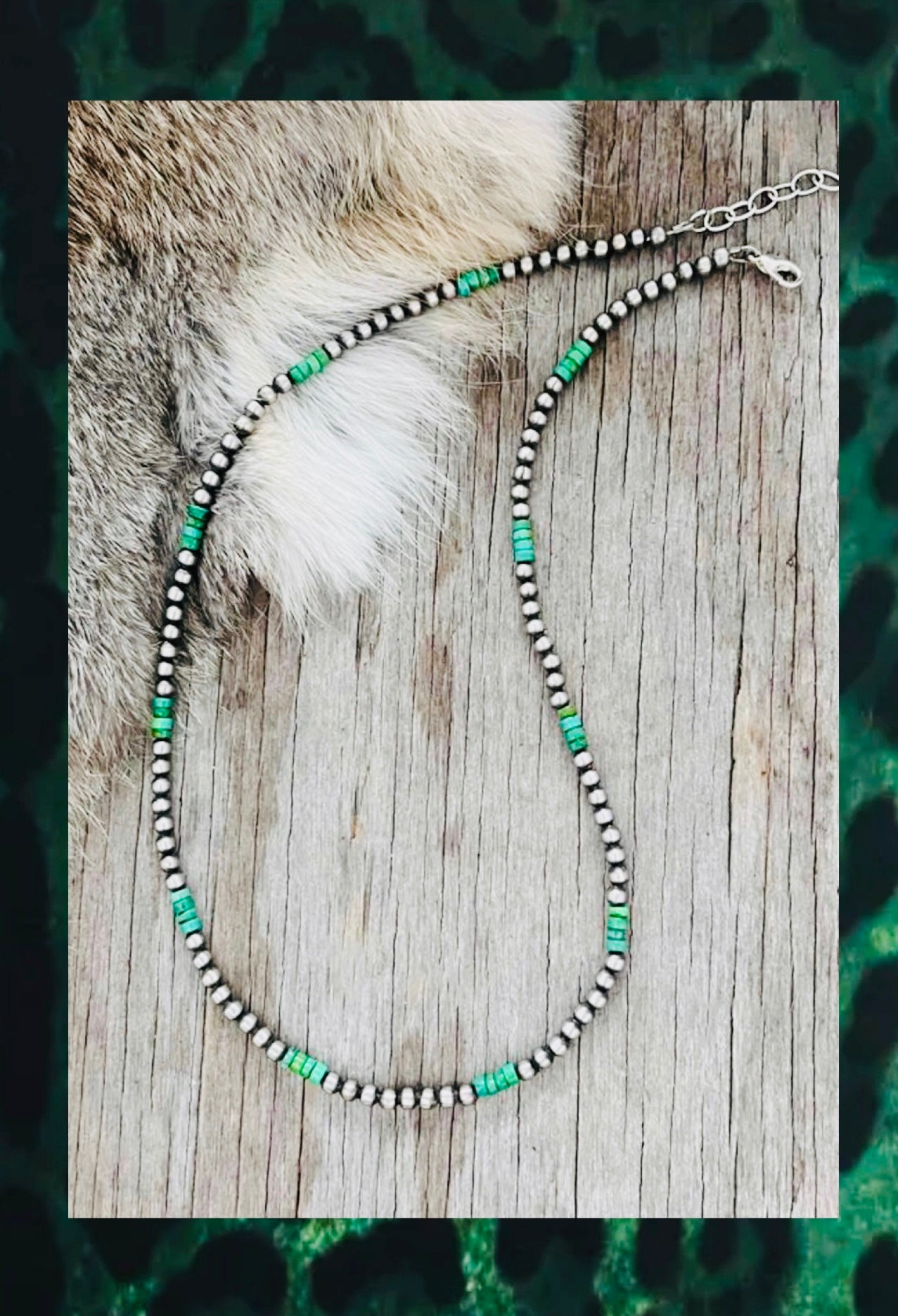4mm GERMAN SILVER NAVAJO STRUNG PEARLS &GREEN TURQUOISE HEISHI BEADS (PRE ORDER)