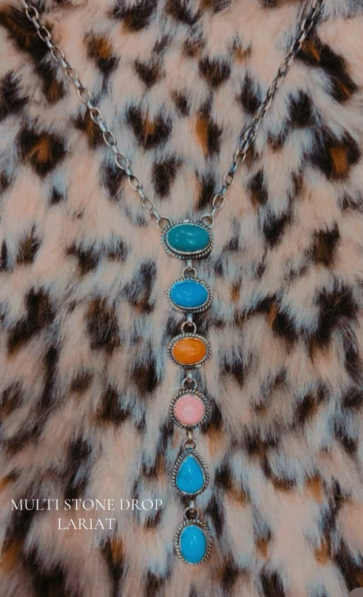 MULTI STONE DROP LARIAT: 6 Stone Sterling                    (Kingman, Orange Spiny, Pink Conch) 18” Adjustable Chain (3.5” drop & 0.4/5 inch stones)