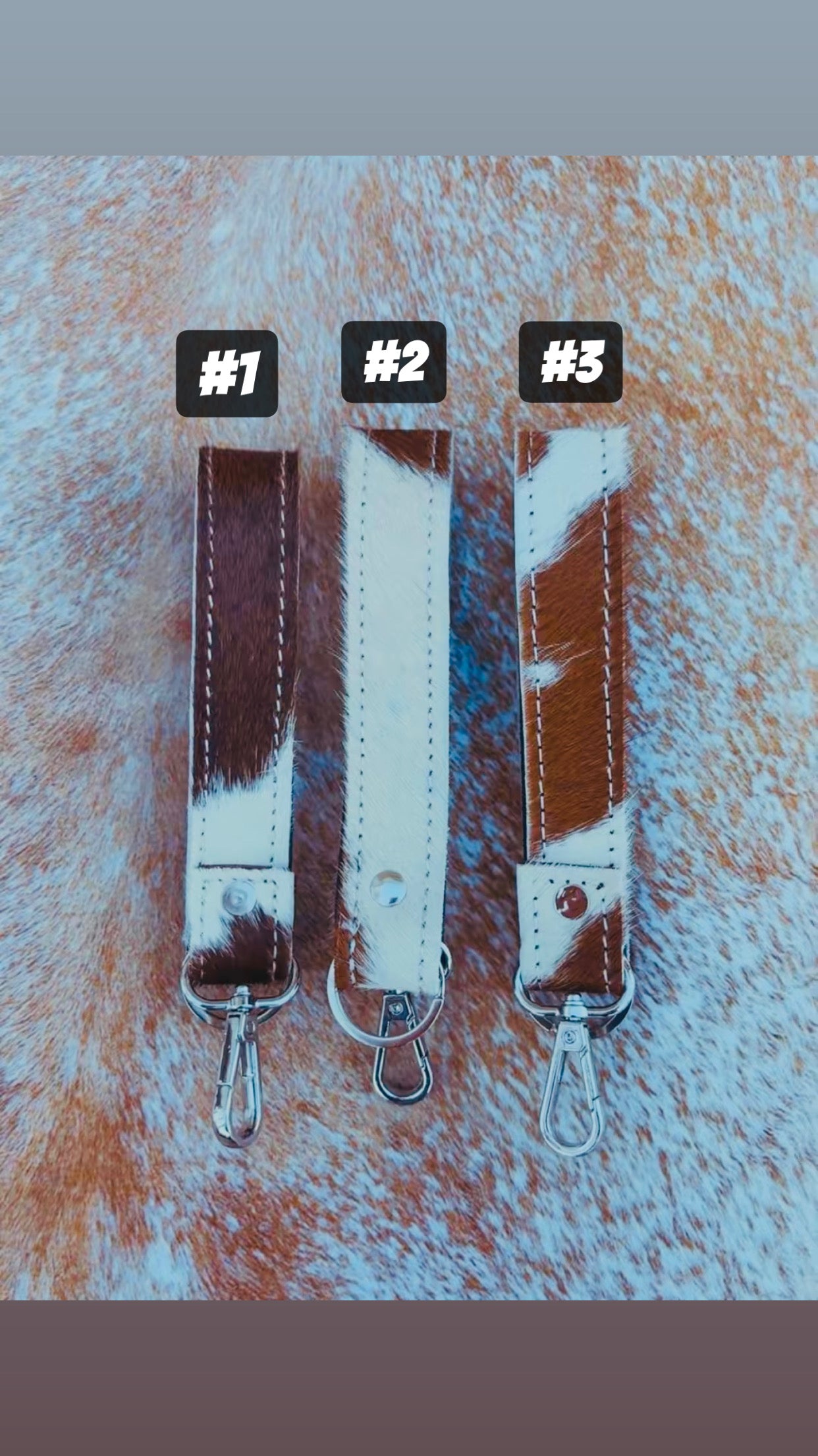 TAN & WHITE GENUINE HIDE KEYCHAINS: 3 Styles 7”